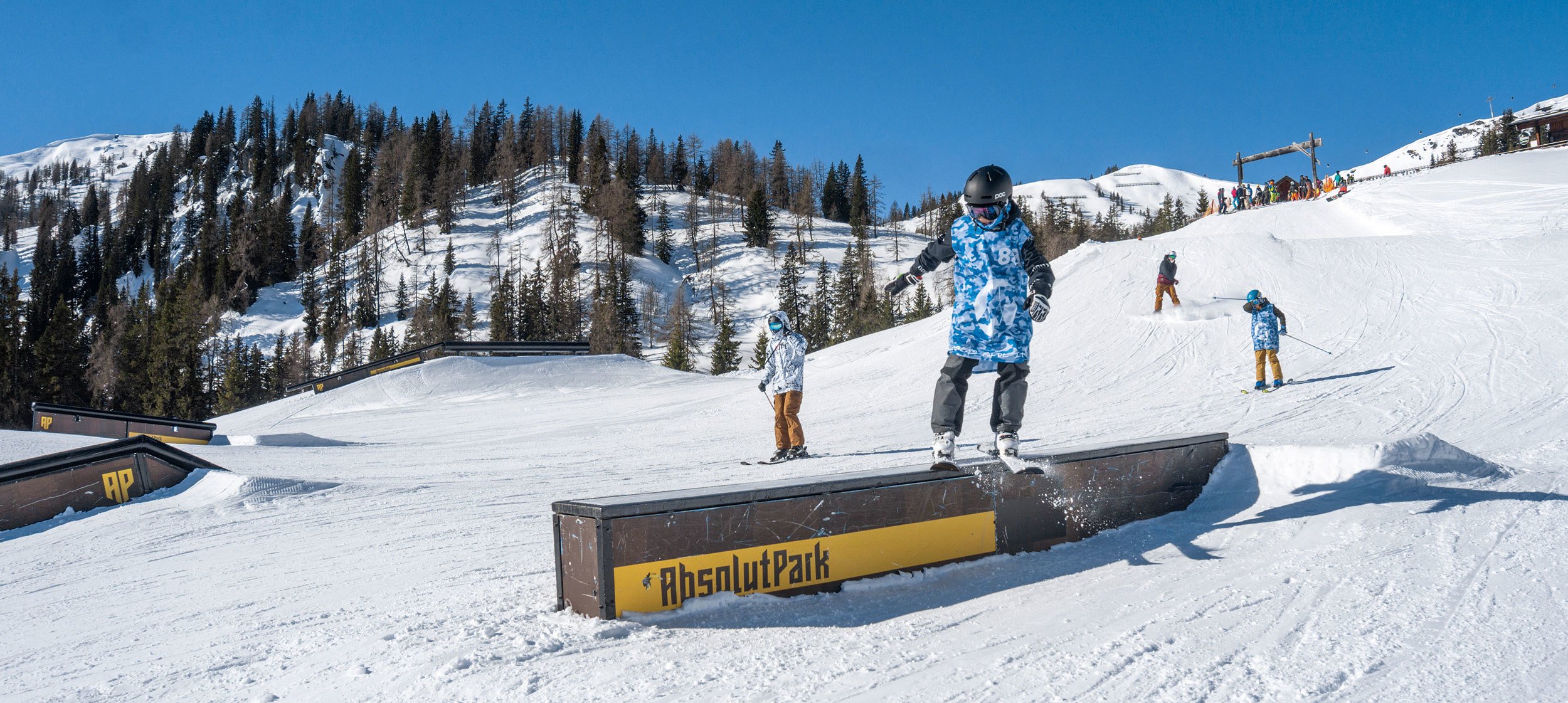 A young freeskier doing a trick on a rail at Absolut Park. 